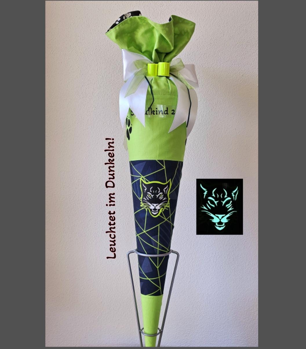 SCHULTÜTE "PANTHER" nachtleuchtend SET grün personalisiert Manschette doppellagig Schulranzen Dark Cat "Chiko" Einschulung Step by Step