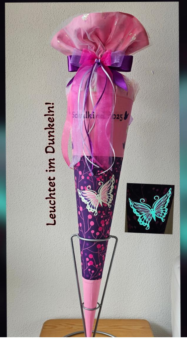 SCHULTÜTE "Schmetterling" nachtleuchtend Set Schleife rosa Tüll personalisiert Manschette 3-lagig Butterfly Night "Ina" Step by Step