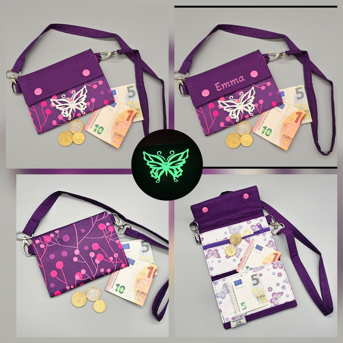 PERSONALISIERBARER KINDERGELDBEUTEL BRUSTBEUTEL Einschulung Schultüte Geburtstag Butterfly Mermaid Dog Cat