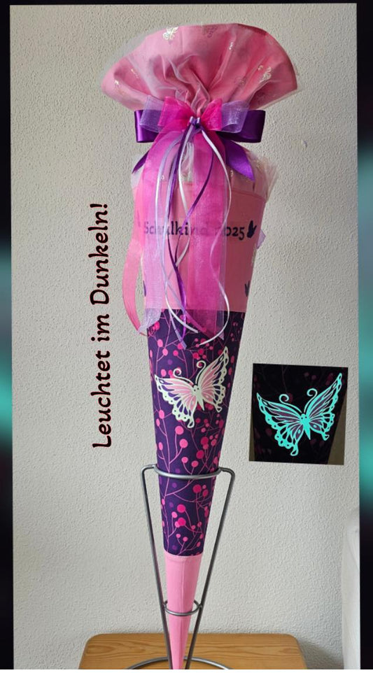SCHULTÜTE "Schmetterling" nachtleuchtend Set Schleife rosa Tüll personalisiert Manschette 3-lagig Butterfly Night "Ina" Step by Step