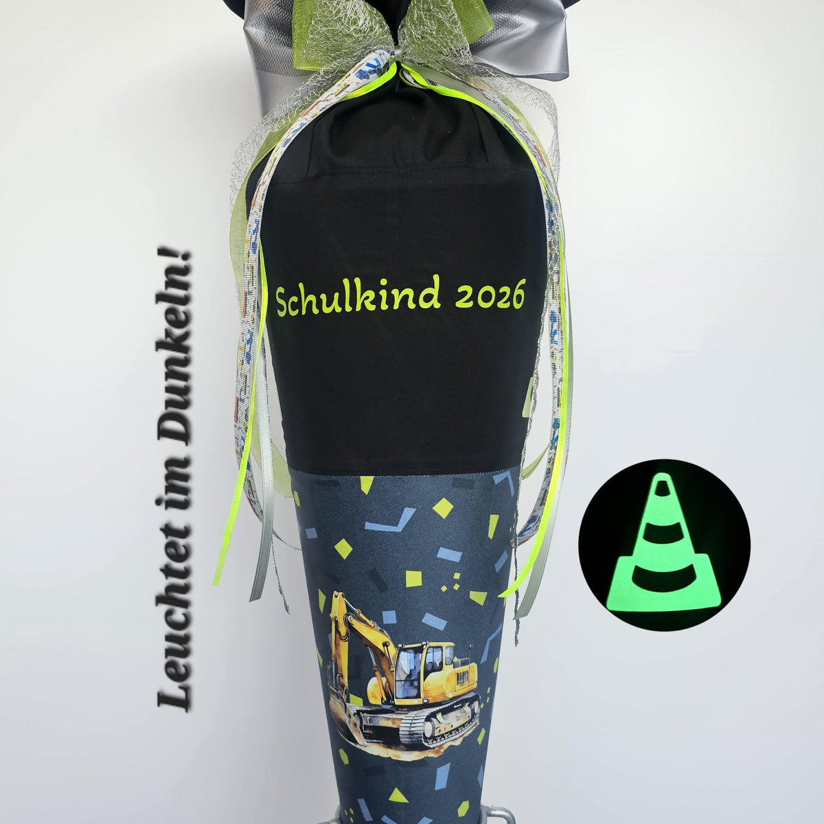 SCHULTÜTE "BAGGER", nachtleuchtend, personalisiert Set Manschette doppellagig, Baustelle Schnapparmband 70 cm Einschulung Step by Step Rocco