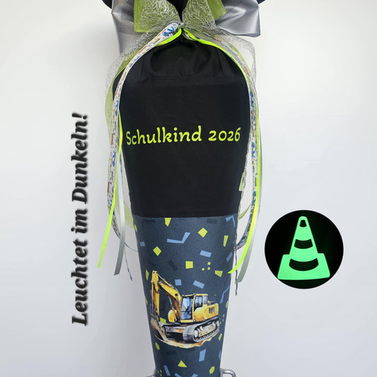 SCHULTÜTE "BAGGER", nachtleuchtend, personalisiert Set Manschette doppellagig, Baustelle Schnapparmband 70 cm Einschulung Step by Step Rocco