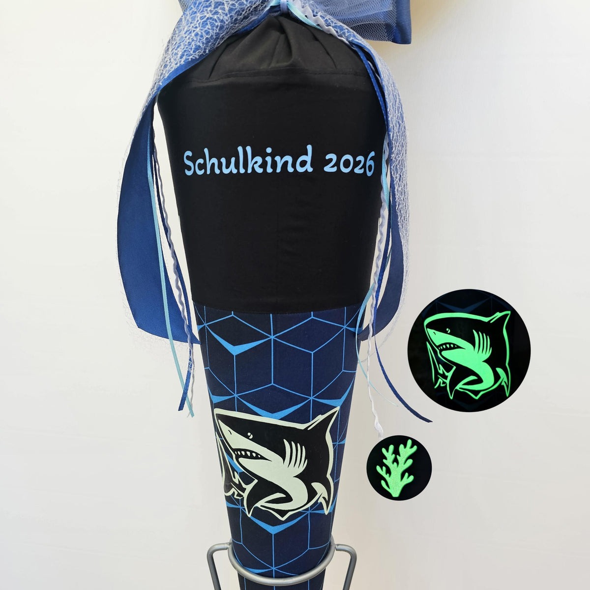 SCHULTÜTE "HAI", nachtleuchtend, personalisiert Set Schulranzen Meer OZEAN Fisch, Manschette doppellagig, Schnapparmband Einschulung