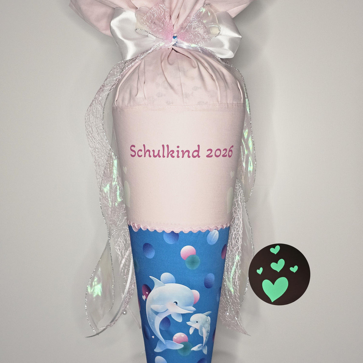 SCHULTÜTE "DELFIN pastellrosa" nachtleuchtend personalisiert, Set, Manschette doppellagig Zuckertüte Schleife Einschulung Step by Step Finja