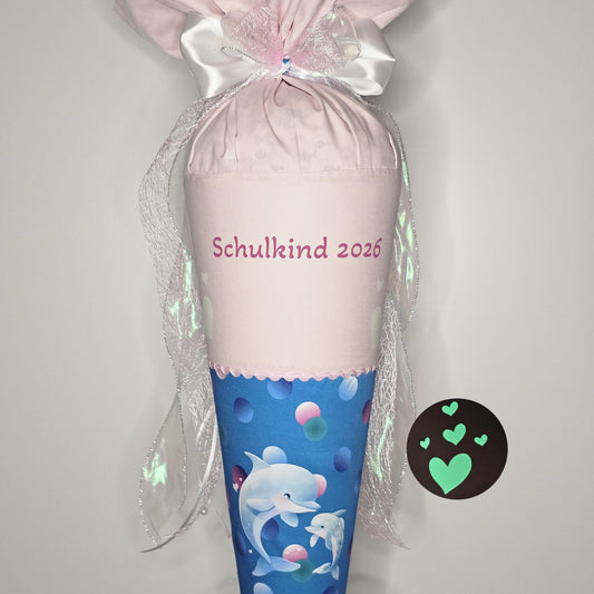SCHULTÜTE "DELFIN pastellrosa" nachtleuchtend personalisiert, Set, Manschette doppellagig Zuckertüte Schleife Einschulung Step by Step Finja