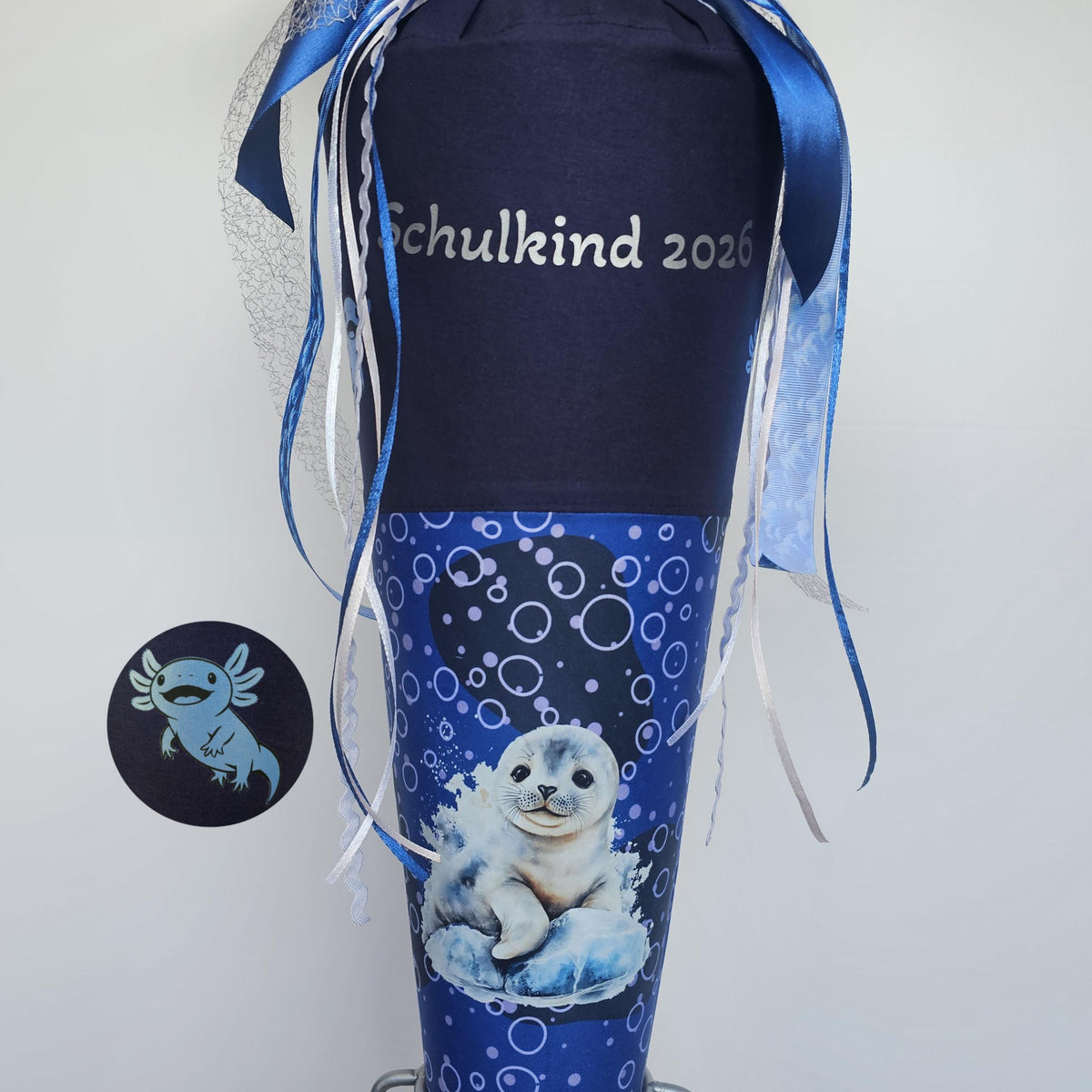 SCHULTÜTE "ROBBE" personalisiert Set Manschette doppellagig Ozeanbärwohner Ergobag Seehund Axolotl Zuckertüte Schleife Reflektor Einschulung