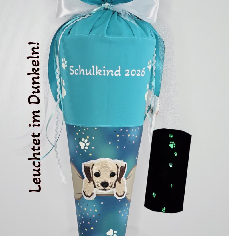 SCHULTÜTE "GOLDEN PUPPY" nachtleuchtend personalisiert Manschette 2-lagig Dog "Basty" von Step by Step Hund türkis Zuckertüte