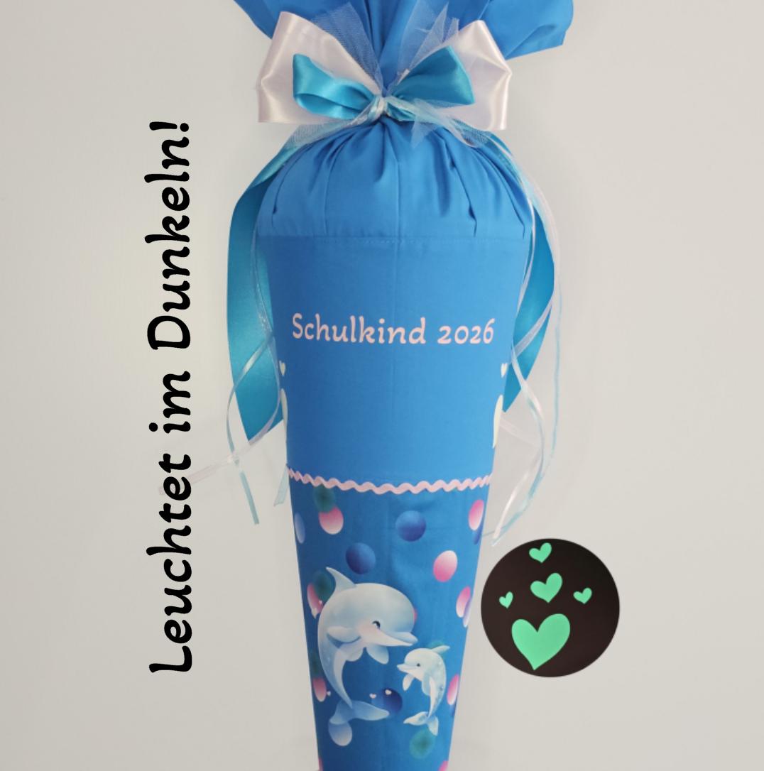 SCHULTÜTE "DELFIN blau" nachtleuchtend personalisiert, Set, Manschette doppellagig Zuckertüte Schleife Einschulung Step by Step Finja
