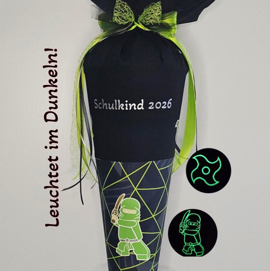SCHULTÜTE "NINJA" grün nachtleuchtend personalisiert Set Manschette doppellagig  "Ninja Kimo" von Step by Step 70 cm Einschulung