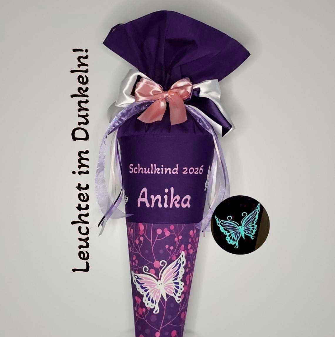SCHULTÜTE "SCHMETTERLING" nachtleuchtend SET Schleife lila Manschette 2-lagig Butterfly Night "Ina" personalisiert Einschulung Step by Step