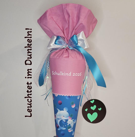 SCHULTÜTE "DELFIN pink" nachtleuchtend personalisiert, Set, Manschette doppellagig Zuckertüte Schleife Einschulung Step by Step Finja