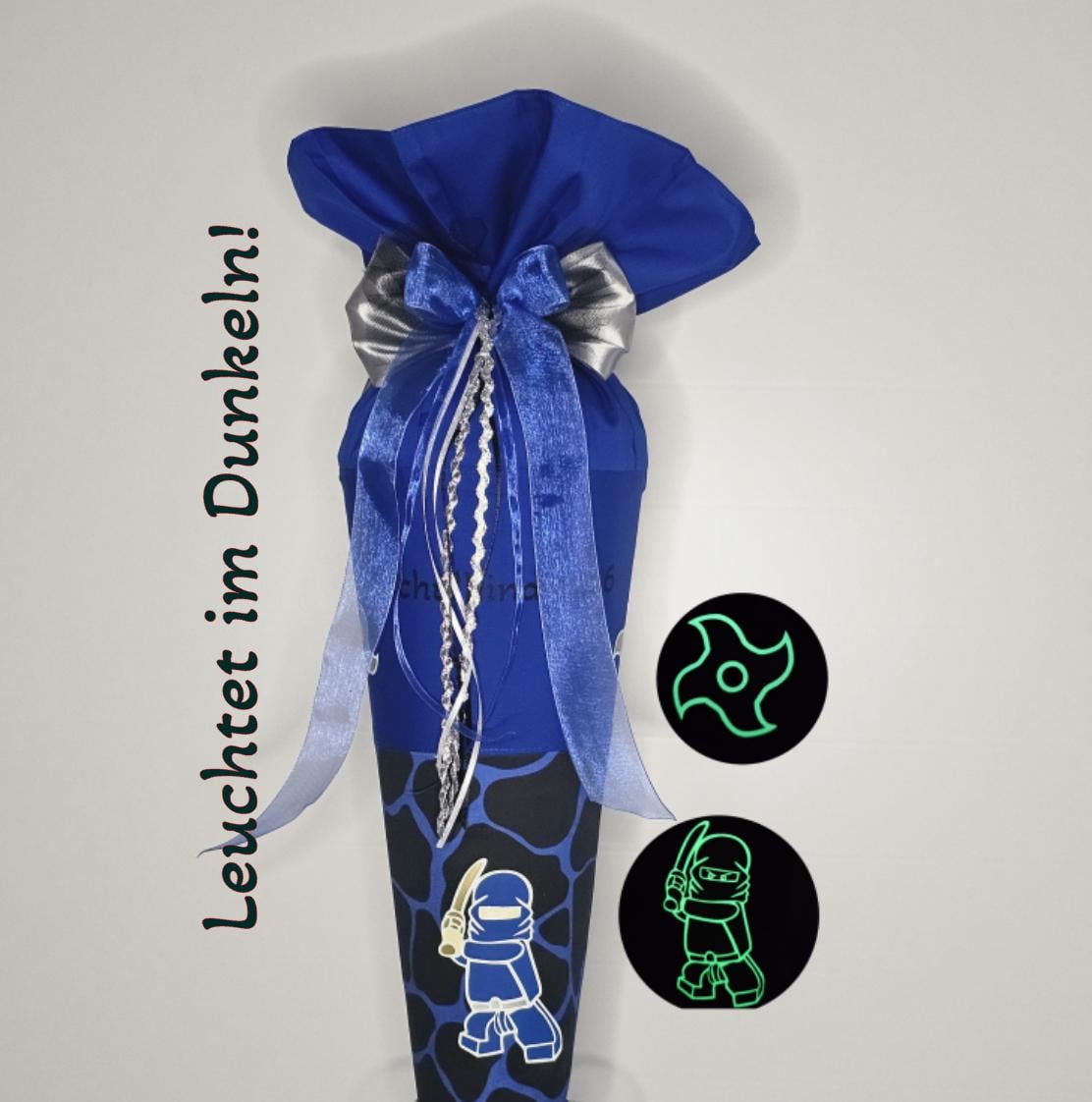 SCHULTÜTE "NINJA" blau nachtleuchtend personalisiert Set Manschette doppellagig  70 cm Einschulung